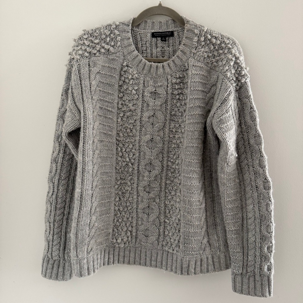 Banana Republic Fringe Cable Knit Sweater Chunky Grey Merino Wool Alpaca Med